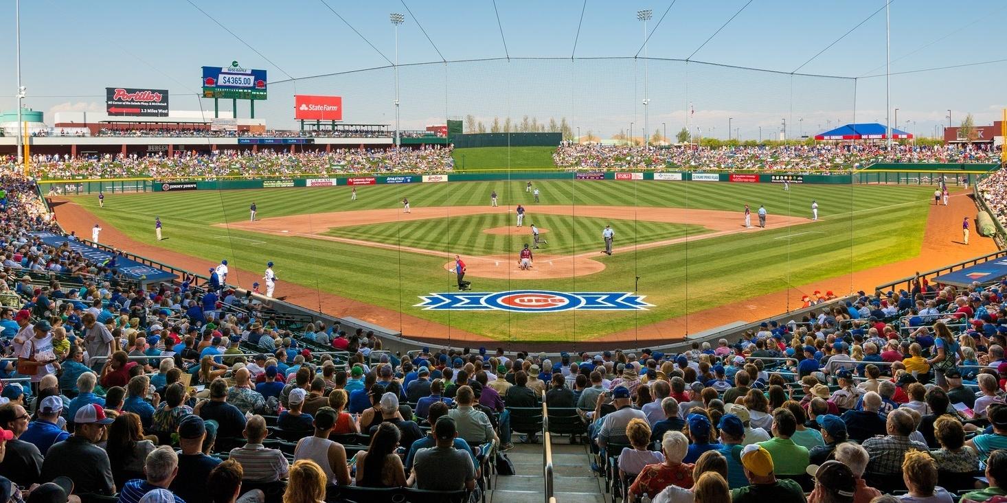 An aerial view of Sloan Park, Tuesday, June 8, 2021, in Mesa, Ariz