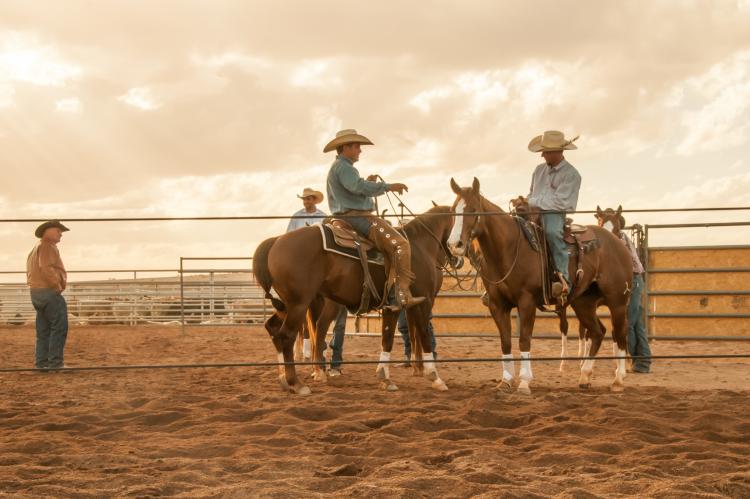 three cowboys horseback riding on a ranch in Queen Creek, AZ